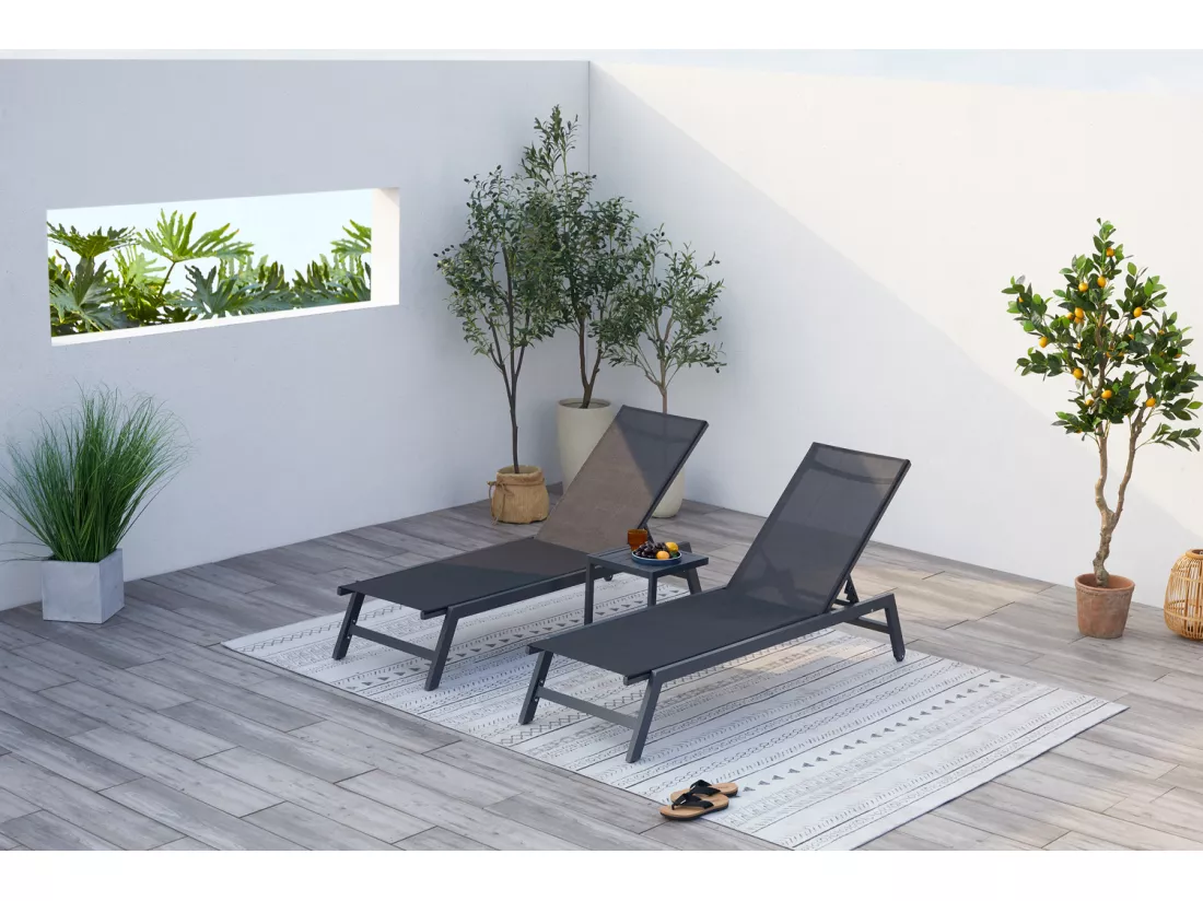 Lot de 2 transats + table d'appoint noir PRATO