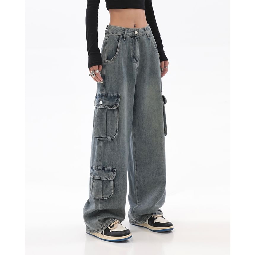 Rosesand - Lage taille gewassen zak losse wijde jeans