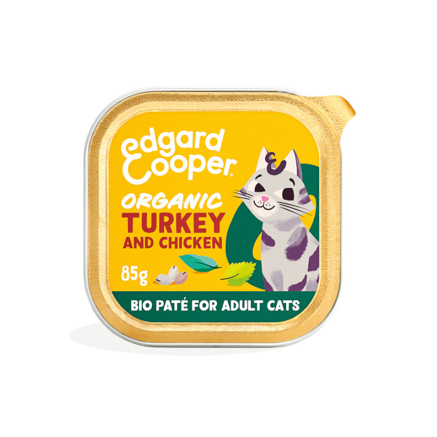 Patê orgânico de peru e frango em pote para gatos adultos da Edgard & Cooper.