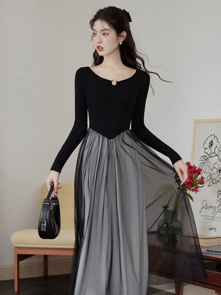 Plum Reverie - Lange mouwen ronde hals mesh maxi A-lijn jurk