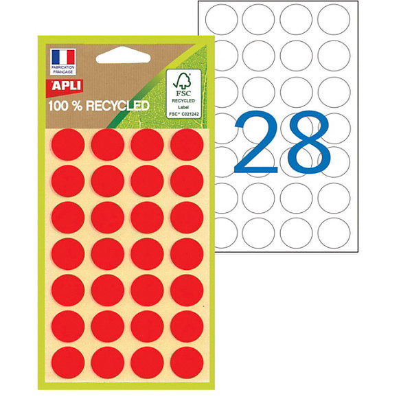 APLI Pastilles adhésives recyclées Ø 15 mm - 101784 - Pochette de 168 - Rouge