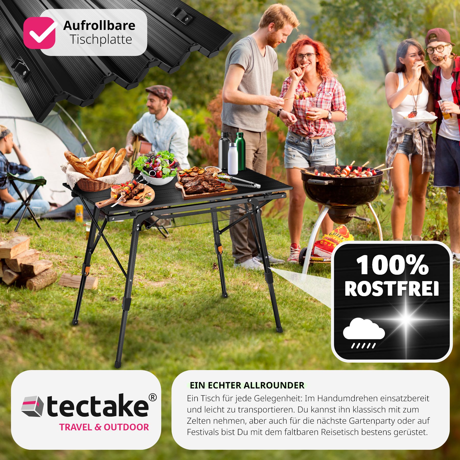 tectake® Campingtisch, faltbar, höhenverstellbar, 90 x 52 x 47 - 70 cm