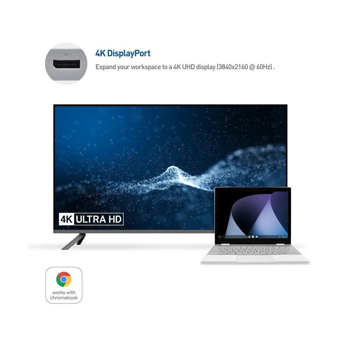 Cable Matters 1 til 5 dokkingstasjon 1xDP 4K60Hz, 1xRJ45 Ethernet 2xUSB-A 1xUSB-C PD 60W Fungerer med Chromebook-sertifisert