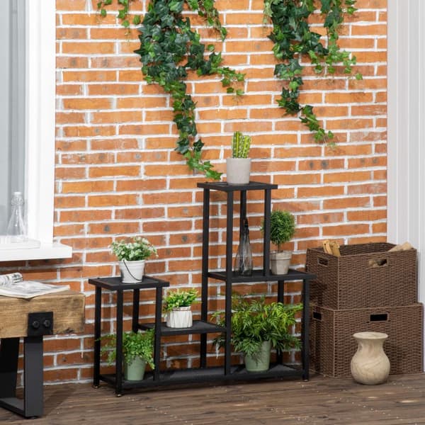 Plantehylle Med 4 Etasjes Flerlags Blomsterhylle Plantestativ For Hagebalkong Metall Svart 91X25X83Cm