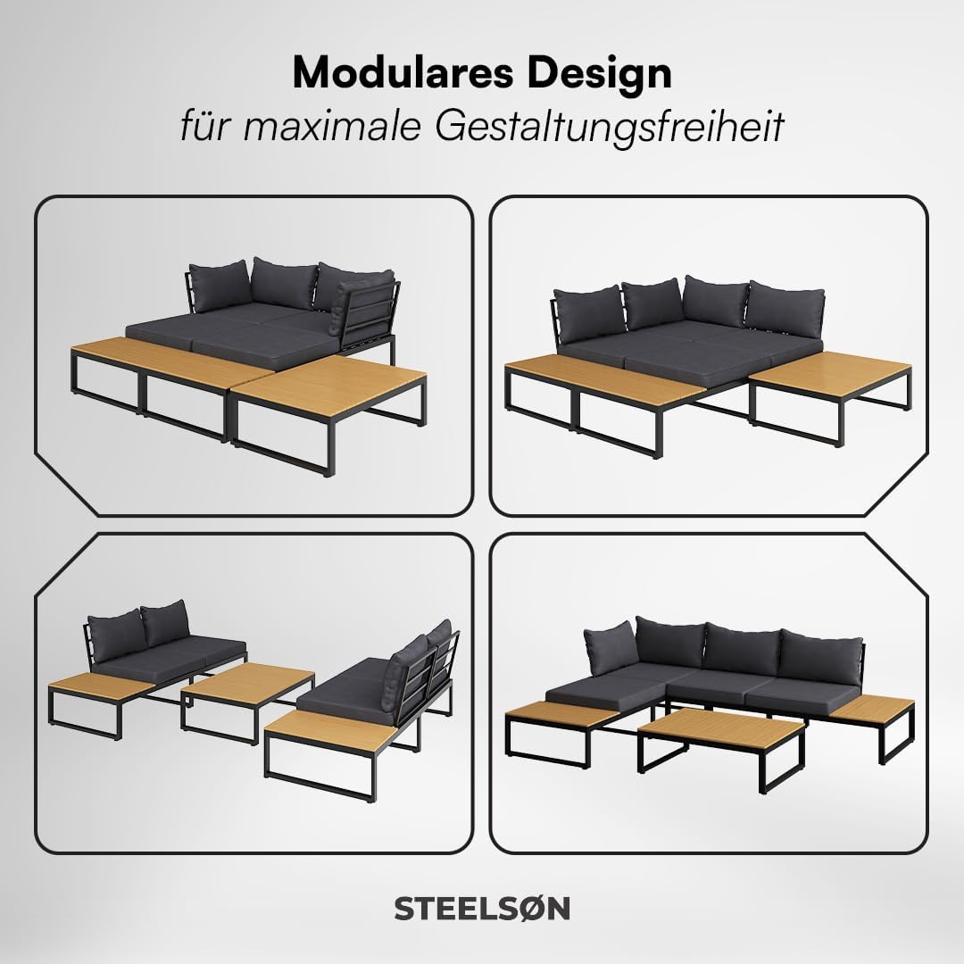 STEELSØN Zandra Gartenlounge Outdoor – modulares Gartenmöbel Set mit Ecksofa & Tisch wetterfest – Balkonmöbel aus Akazien Holz & Stahl mit Kissen in schwarz – Loungemöbel für Garten/Terasse/Balkon