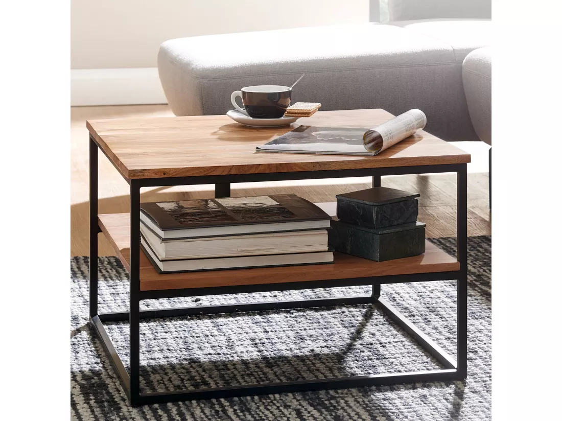 table basse 60x60x41 cm table basse bois massif métal table de salon acacia | Table de chambre industrielle avec espace de rangement | Table carrée en bois, table basse solide