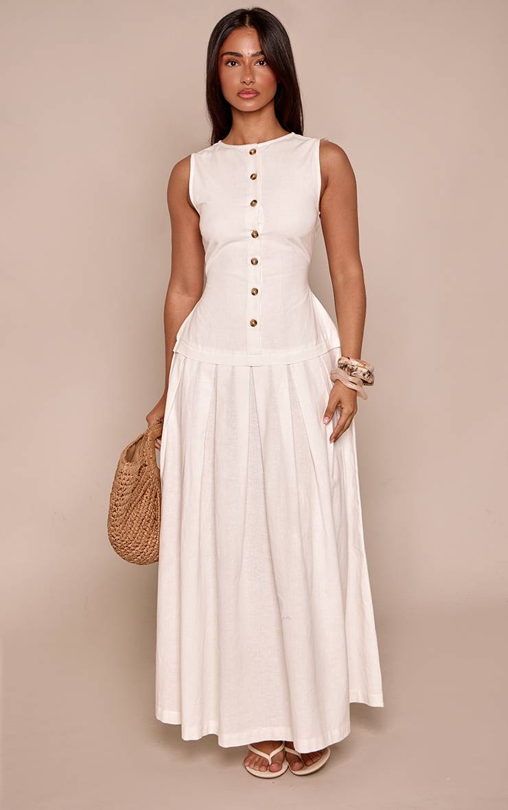 Blanc Robe Maxi À Taille Basse Boutonnée Aspect Lin Petite