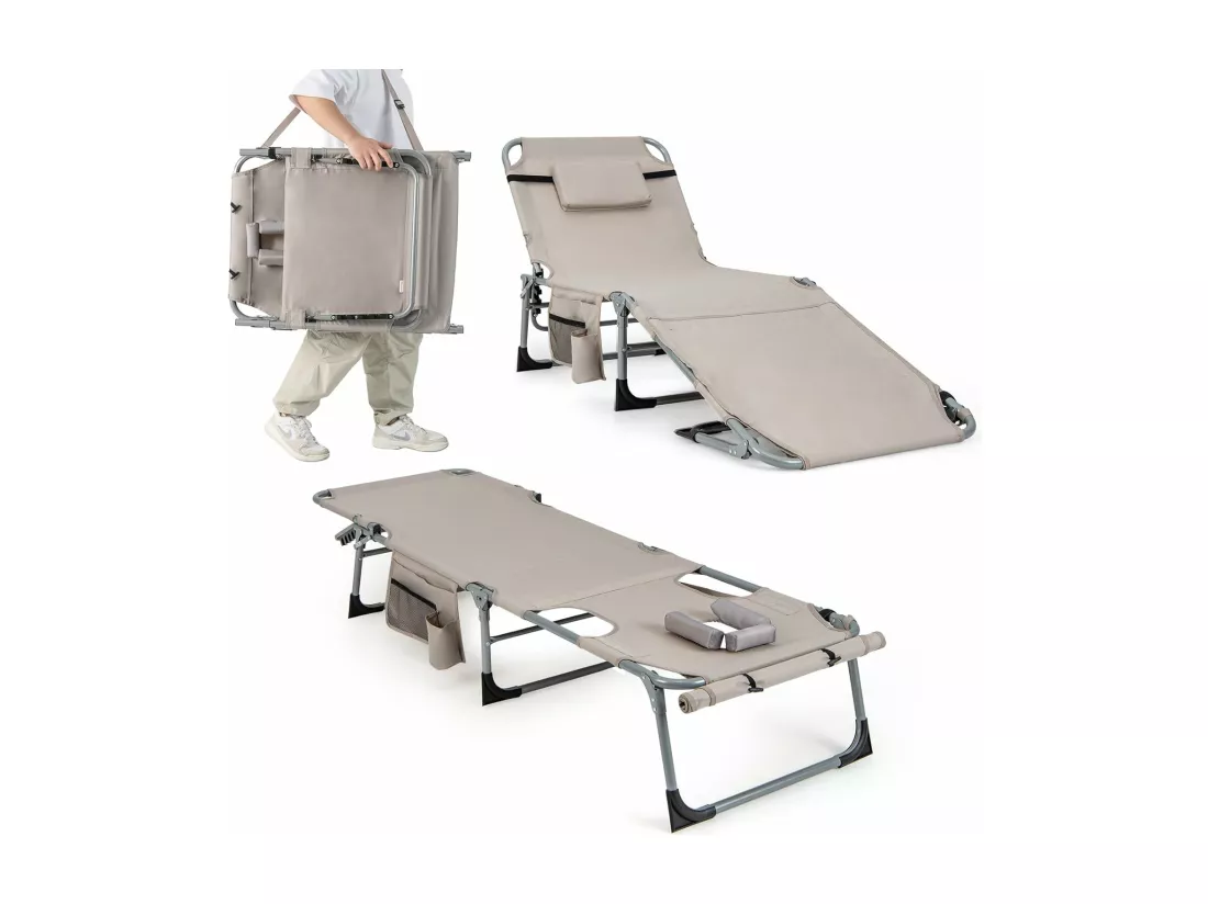 Bain de Soleil en Aluminium avec Dossier Réglable, Chaise Longue Pliante avec Oreiller Amovible et Trou pour Le Visage, Transat avec Poche Latérale, pour Jardin, Plage, Charge 180 KG (Beige)