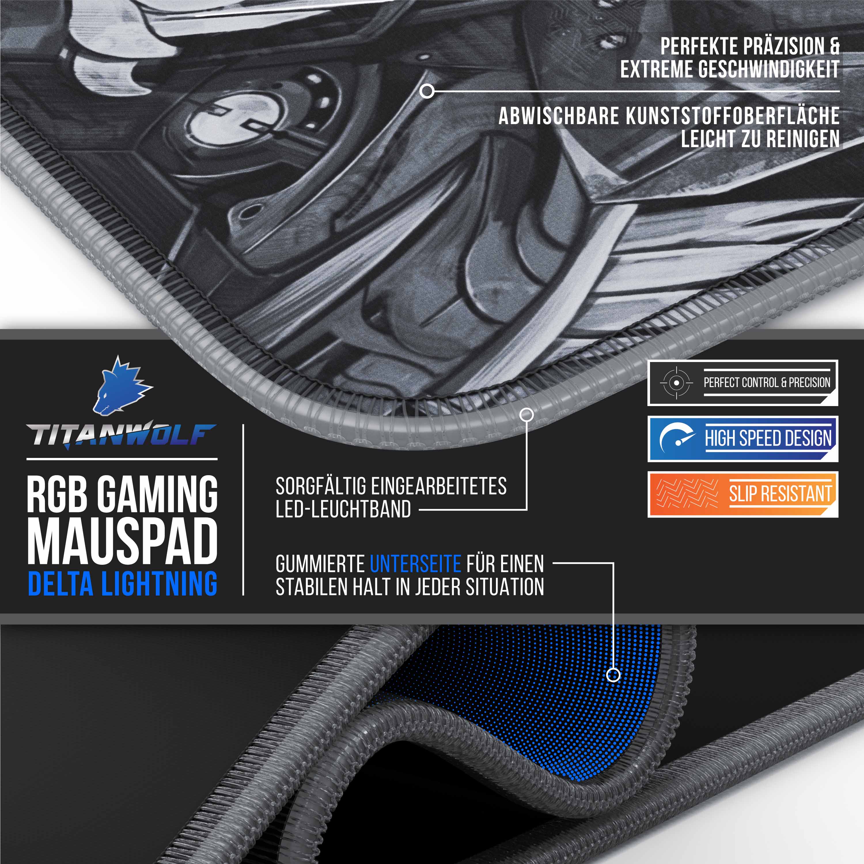 Titanwolf RGB Gaming Mauspad, Mousepad XL 800 x 300mm verbessert Präzision & Geschwindigkeit, Titanwolf