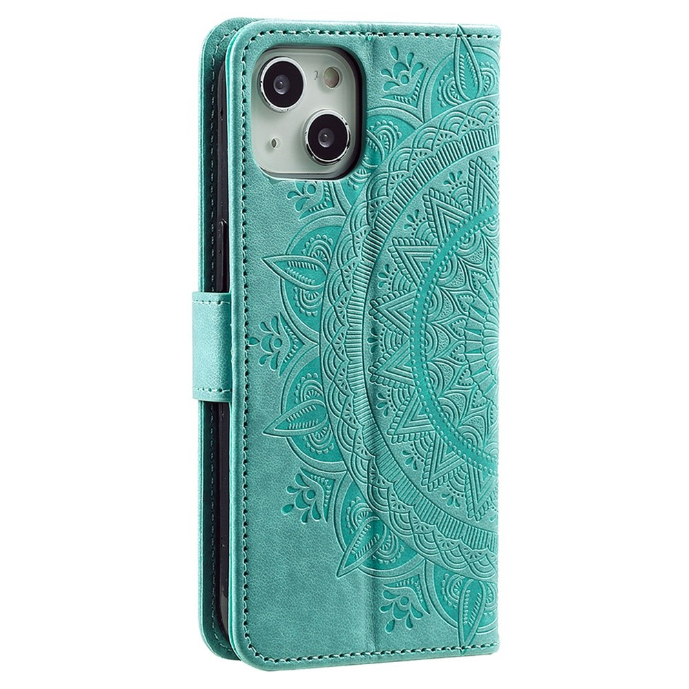 iPhone 14 Leder Tasche Wallet - Mandala Flowers Imprint - Türkis