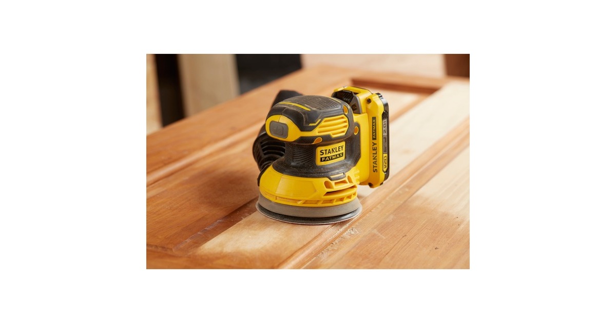 StanleyFATMAX V20 18V Excentrische schuurmachine  (Geel/zwart, Softbag, accu (2.0Ah) en oplader (2A) inbegrepen)