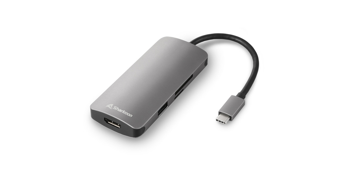 SharkoonUSB 3.0 Type C Multiport Adapter dockingstation  (Donkergrijs, HDMI, USB-C 3.2 (5 Gbit/s), 3x USB-A 3.2 (5 Gbit/s), MicroSD, SD)