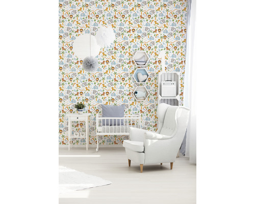 Vliesbehang 38115-2 Little Love Jungle Animals wit blauw geel