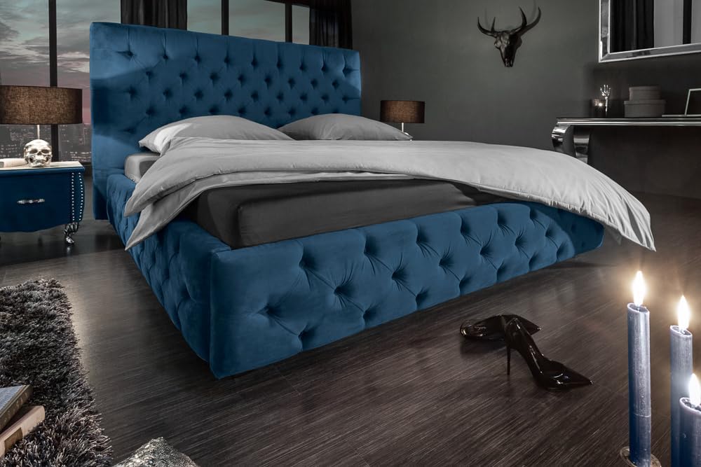 Riess Ambiente Elegantes Doppelbett Paris 160x200cm dunkelblau Samt Chesterfield Design Ehebett Bett