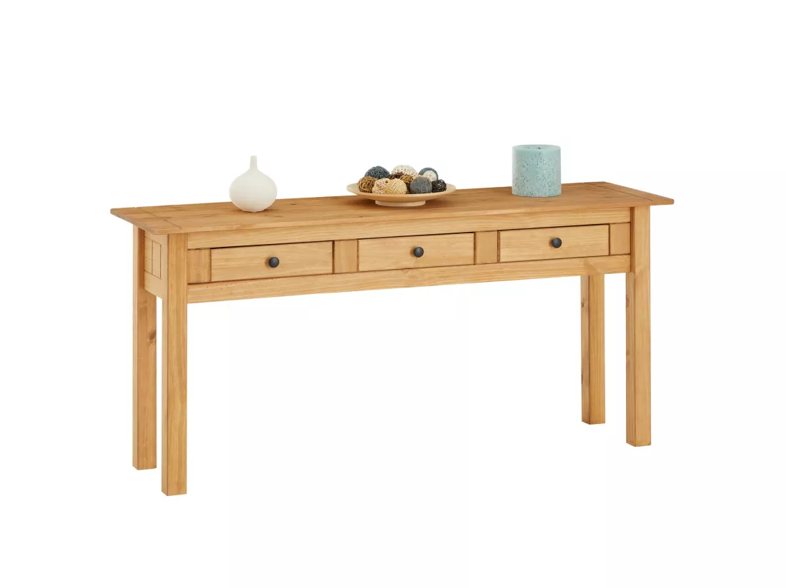 Table console CANCUN meuble d'appoint en bois avec 3 tiroirs, en pin massif finition teintée/cirée