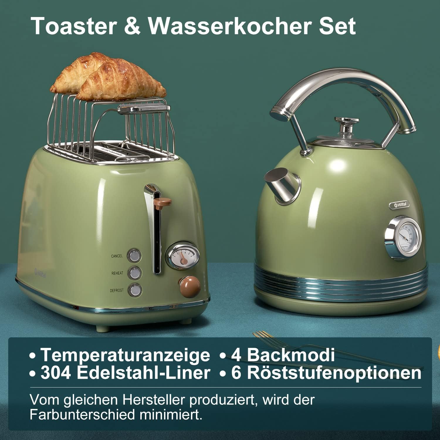 toaster wasserkocher set, frühstücksset toaster wasserkocher, Wasserkocher aus Edelstahl, 2200W, Schnellaufheizung, Toaster mit Brötchenaufsatz zum Erhitzen aller Brotsorten, retro Grün