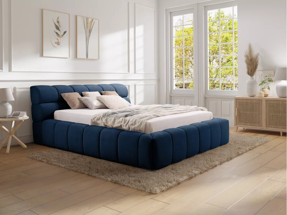 Lit coffre 180 x 200 cm - Tissu - Bleu nuit - FORVIK II de Pascal Morabito