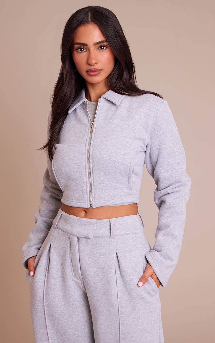 Gris Chiné Sweat Court Zippé À Col Pour Petite Taille