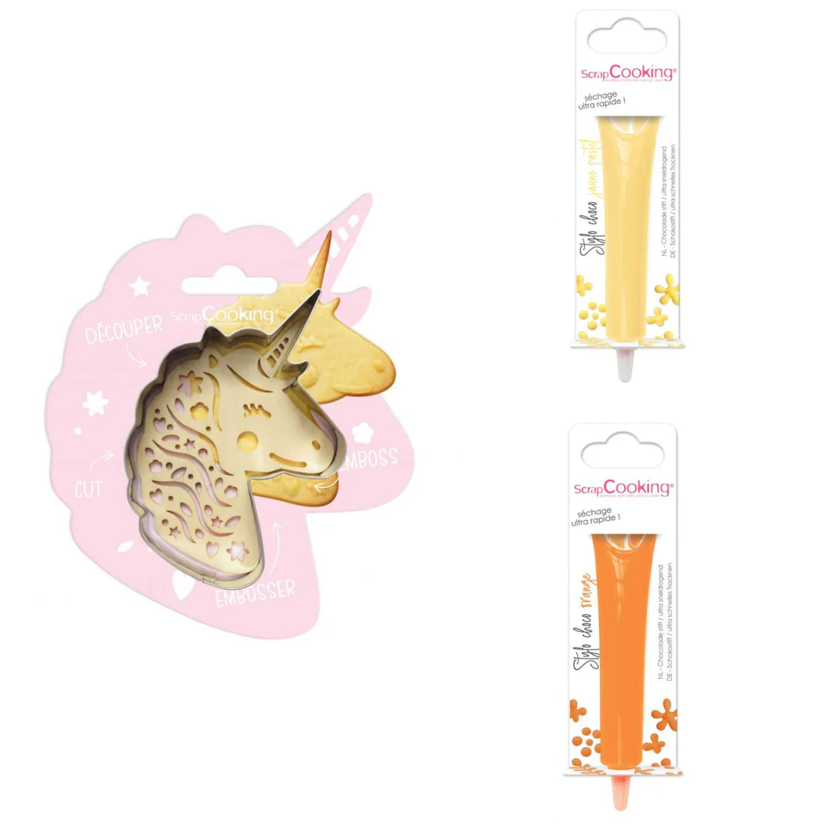 Kit pour biscuit en relief Licorne + 2 Stylos au chocolat jaune pastel