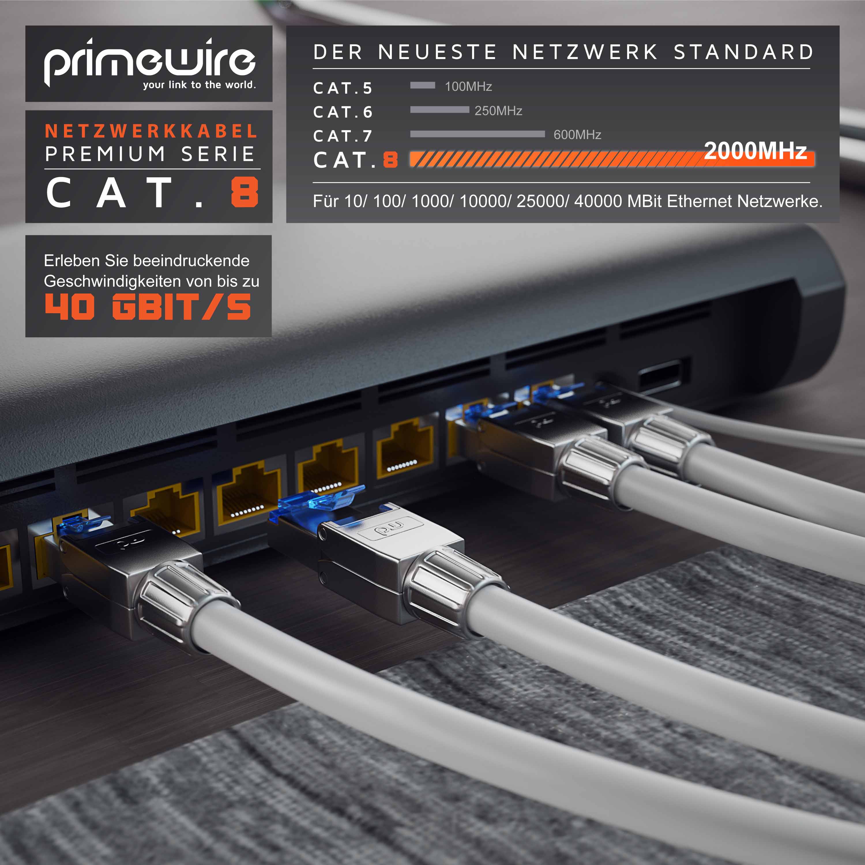 Primewire Patchkabel CAT 8 - Gigabit Ethernet LAN Kabel - 40 Gbit/s - S/FTP PIMF Schirmung - Netzwerkkabel - 25m