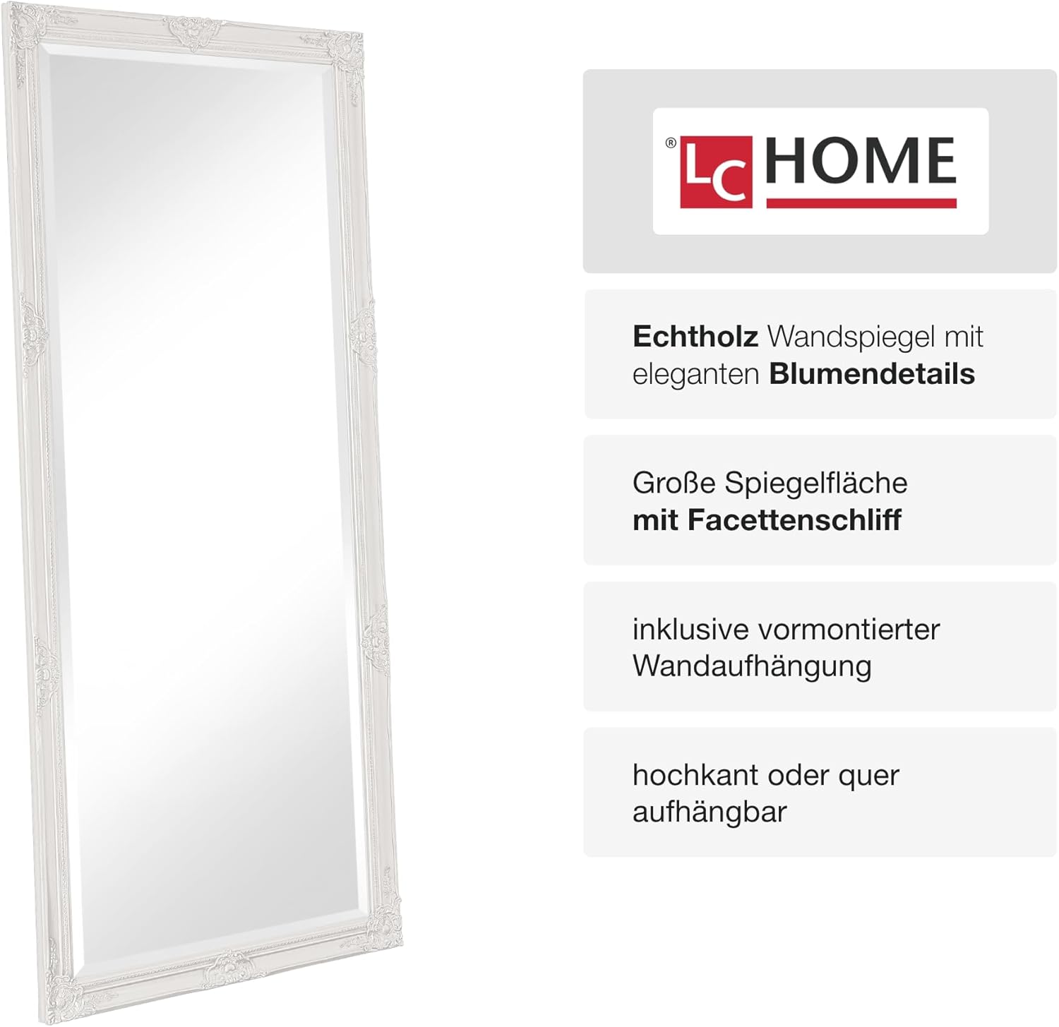 LC Home Wandspiegel Barock weiß ca. 180 x 80 cm Antik-Stil m. Facettenschliff XL Ganzkörperspiegel