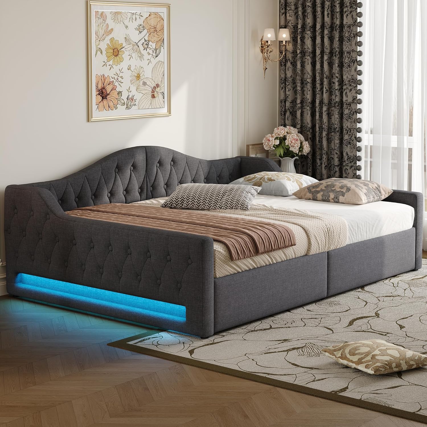 Polsterbett Schlafsofa 140x200 cm, Tagesbett Sofabett mit LED-Gürtel, Stauraumbett mit Hydraulischer Stauraum, Lattenrost aus Holz, MDF+Sperrholz+Leinen, Ohne Matratze, Grau
