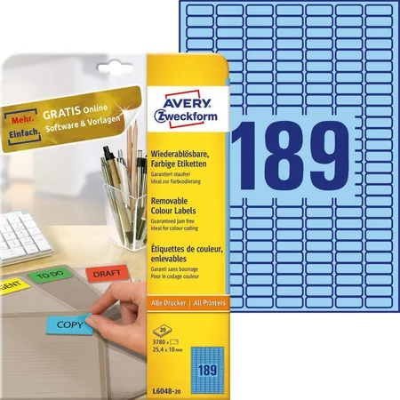 Avery Zweckform L6048-20 Farbige Etiketten,A4 25,4 x 10 mm, 20 Bogen/3.780 Etiketten, blau
