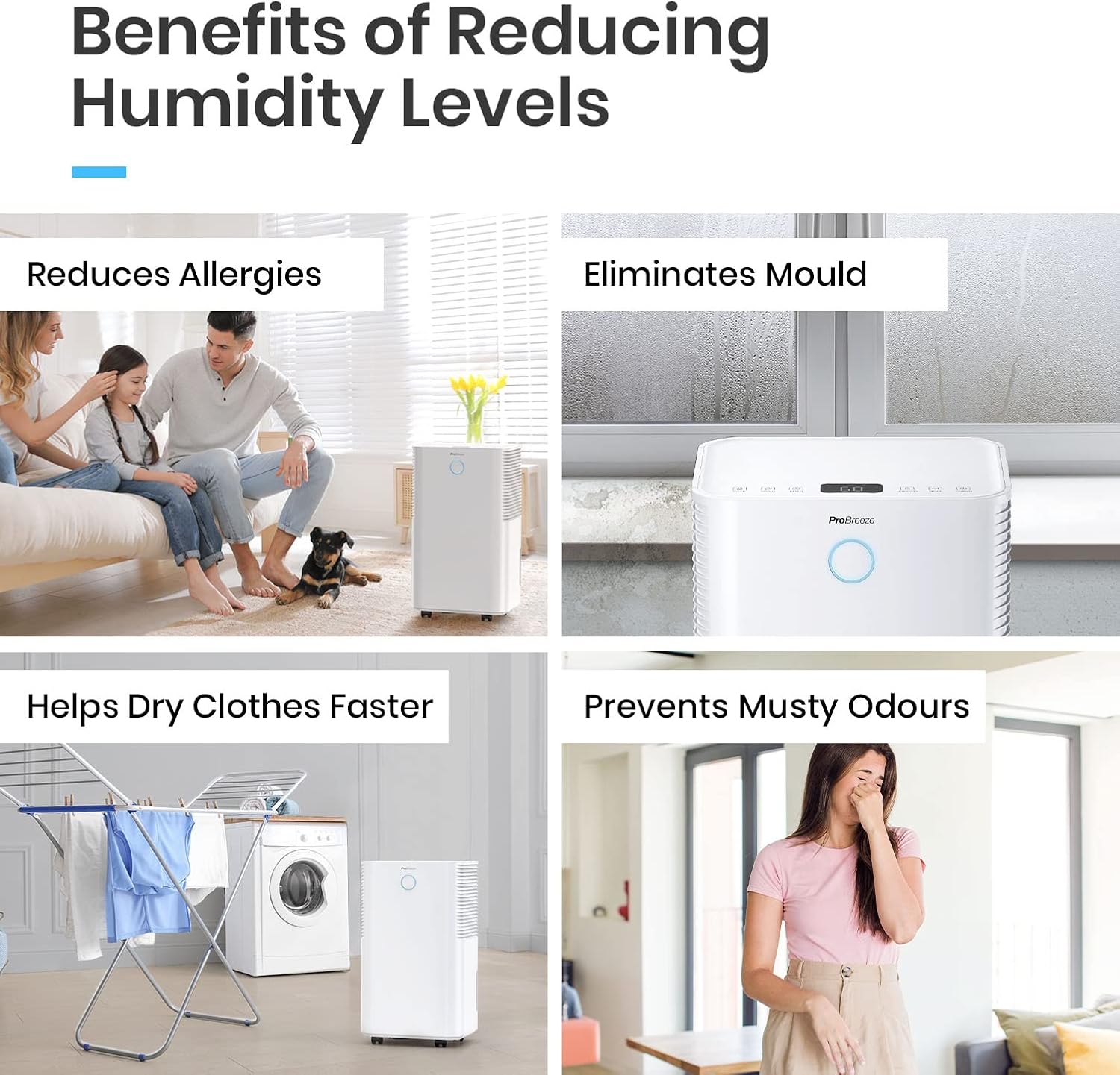 Pro Breeze Déshumidificateur Compresseur 12 L/jour avec capteur d'humidité automatique, Séchage du linge, Drainage continu, Mode Nuit & Minuterie 24 heures - Réduit humidité, moisissure, condensation