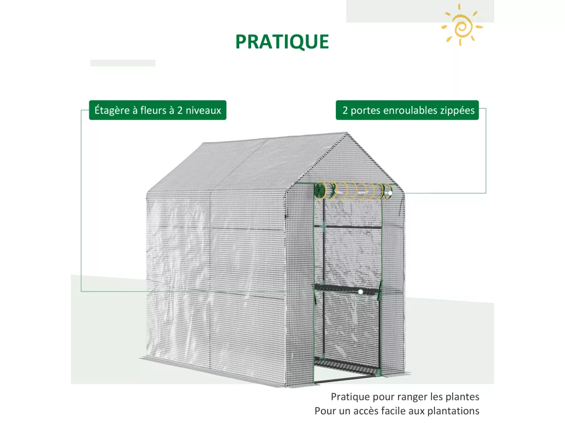 Serre de jardin 2 tablettes dim. 1,86L x 1,2l x 1,9H m porte déroulante acier PE haute densité 140 g/m² transparent blanc