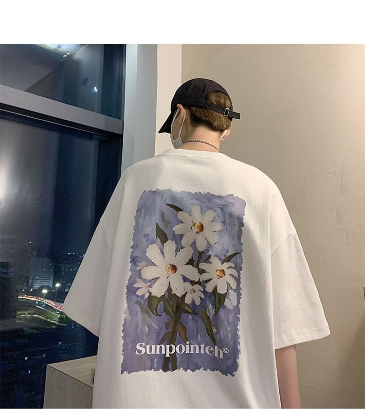 wingsira - Oversized T-shirt met ronde hals en bloemenprint, met elleboogmouwen