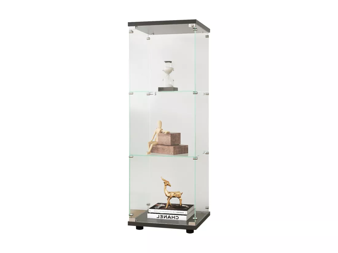 Vitrine en Verre - 3 étagères en Verre - bibliothèque à Poser au Sol pour Chambre à Coucher - Armoire Moderne en Bois avec Portes et Serrure - Noir