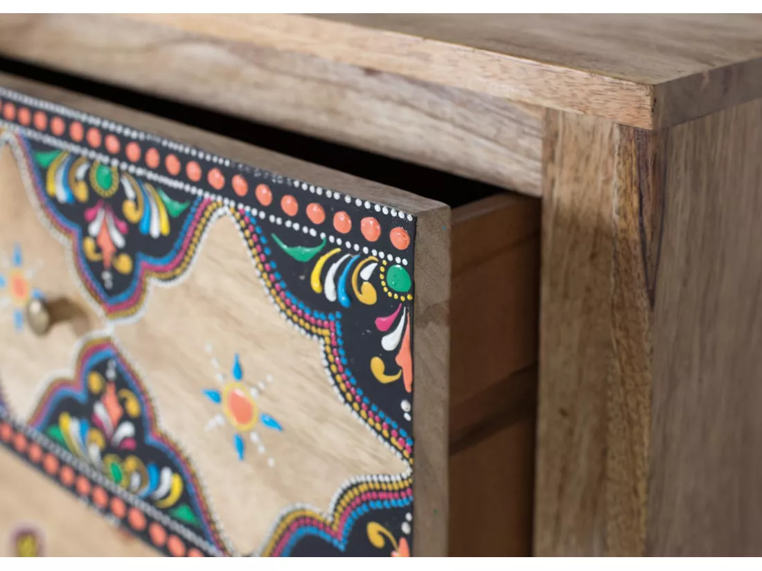 Commode en bois de manguier massif avec détails peints à la main