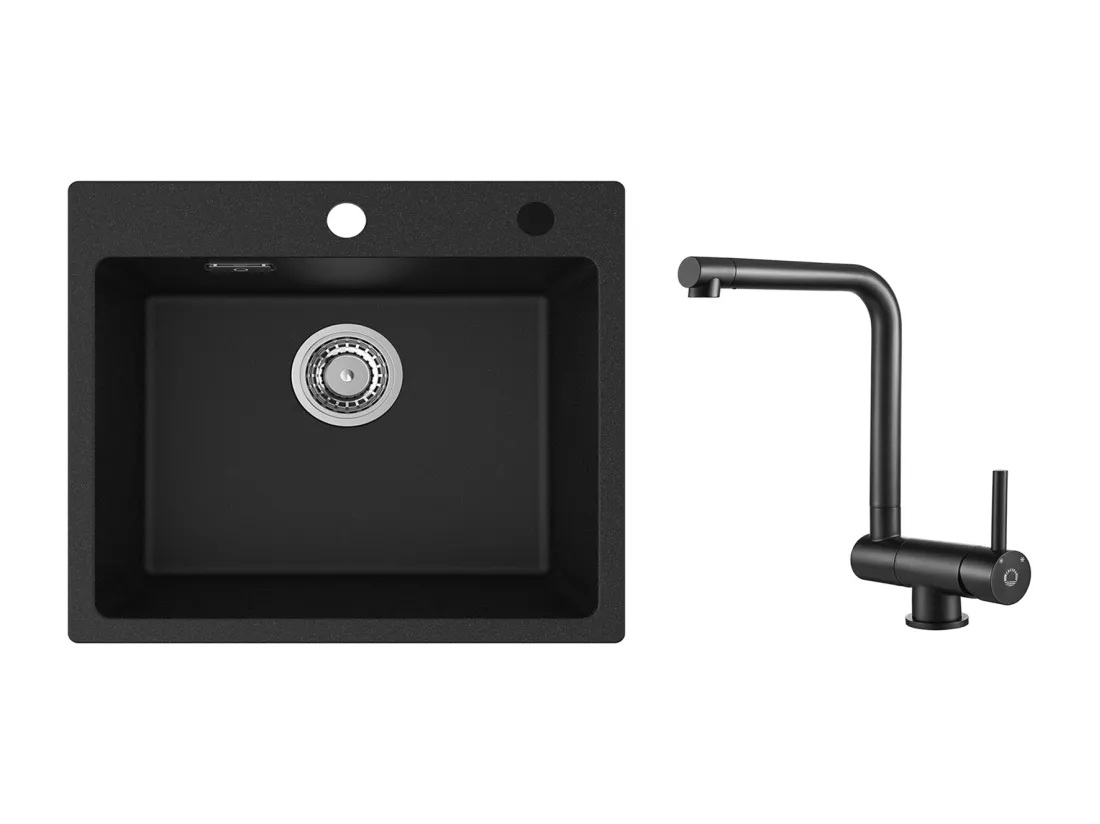 Cecipa MAX Evier 1 Bac 50x45cm Evier en Quartz et Résine Evier à Encastrer + Mitigeur de Cuisine Rabattable Noir