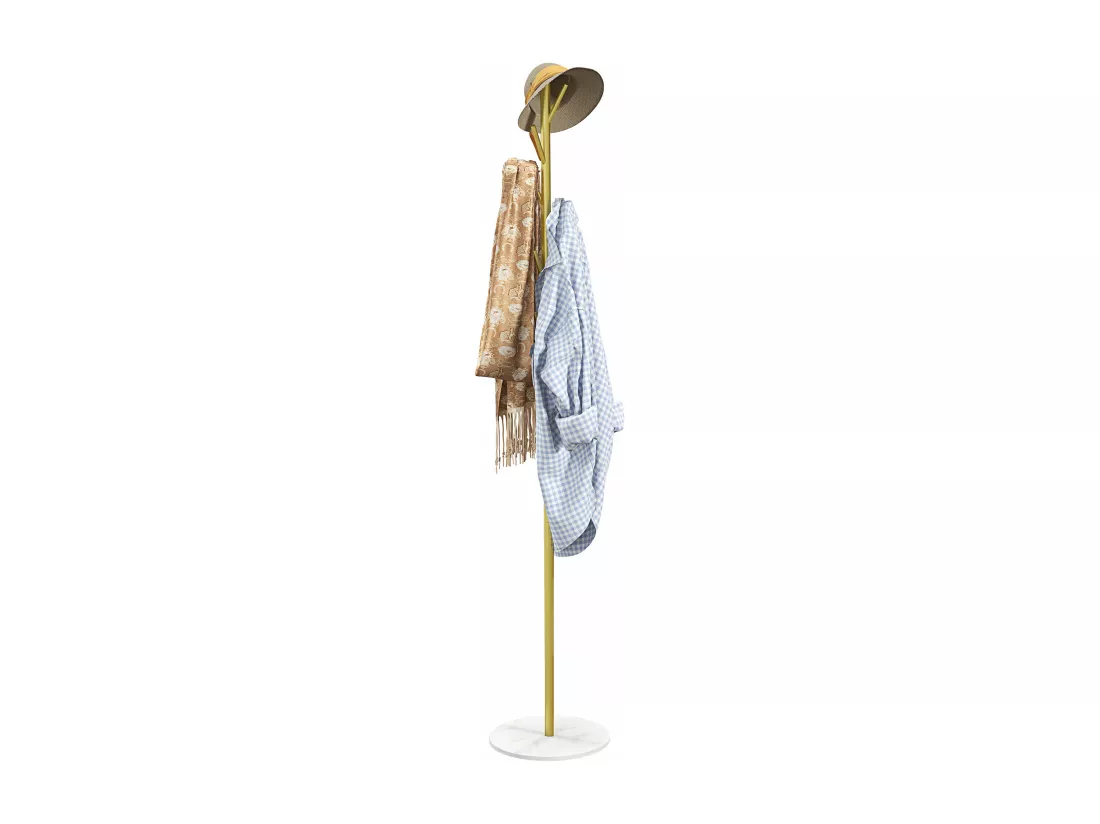 Porte-manteau portant à vêtements, 8 patères, base ronde en marbre, Ø 32 x 164H cm, meuble d'entrée pour vêtements, chapeaux, doré