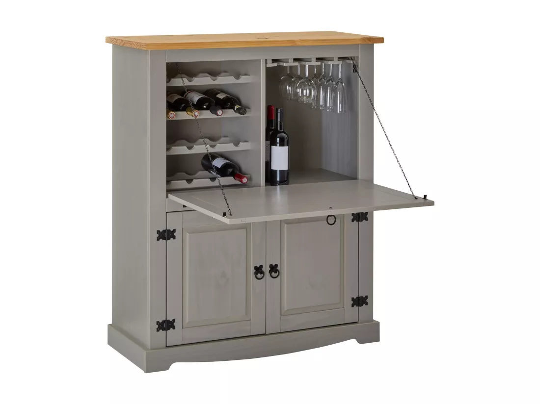 Meuble bar à vin TEQUILA armoire comptoir avec range bouteilles et range verres, bahut de style mexicain en pin massif gris/brun