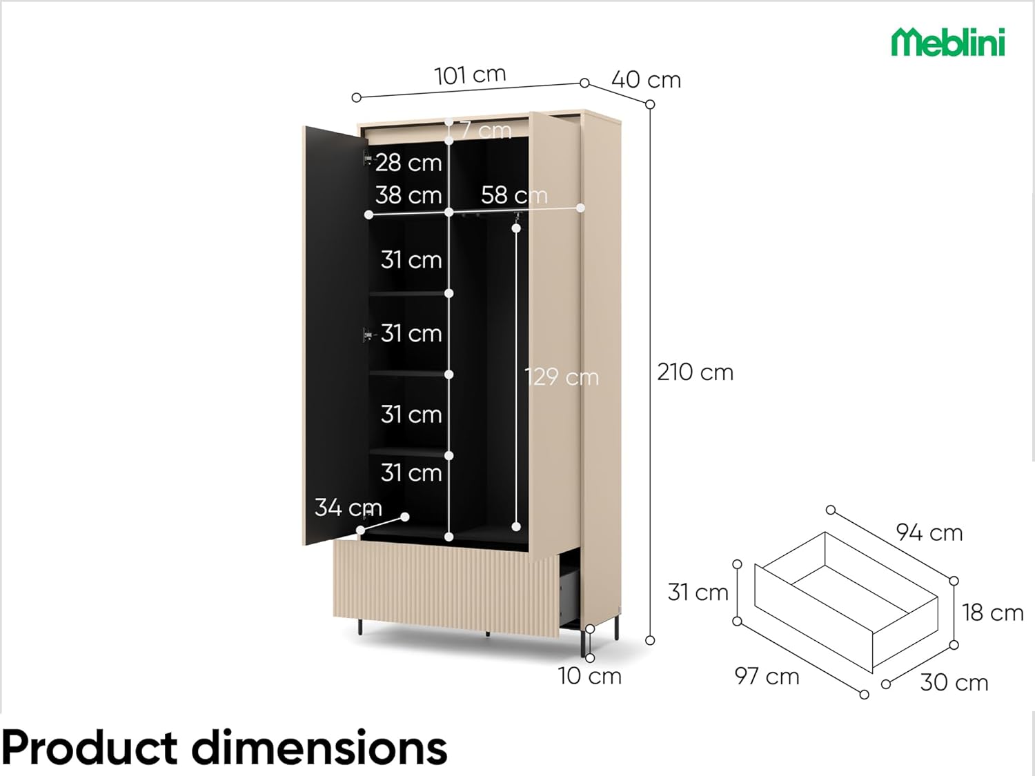 MEBLINI Garderobe Flur Möbel Set mit LED - Garderobenschrank Flur mitl Kommode - Garderobe Schrank - Flurgarderobe - Flurschrank hoch - Trend - Beige/Schwarz