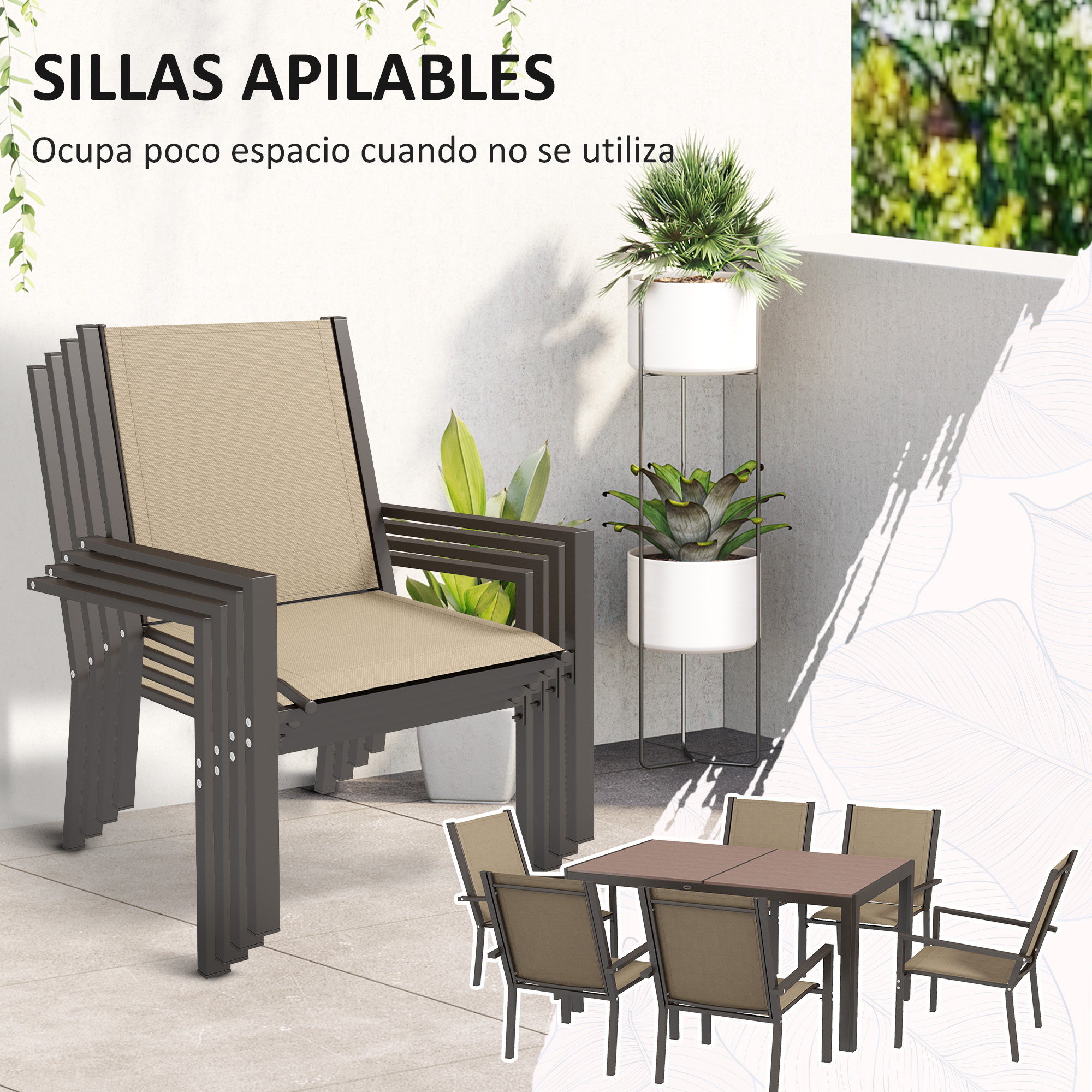 Conjunto de jantar para exterior Outsunny de 7 peças, mesa e 6 cadeiras de jardim empilháveis com estrutura de aço para pátio ou terraço, cor cáqui.
