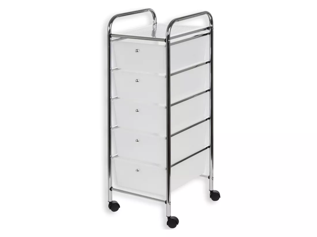 Caisson sur roulettes GINA chariot avec 5 tiroirs en plastique blanc transparent et 1 étagère, rangement salle de bain