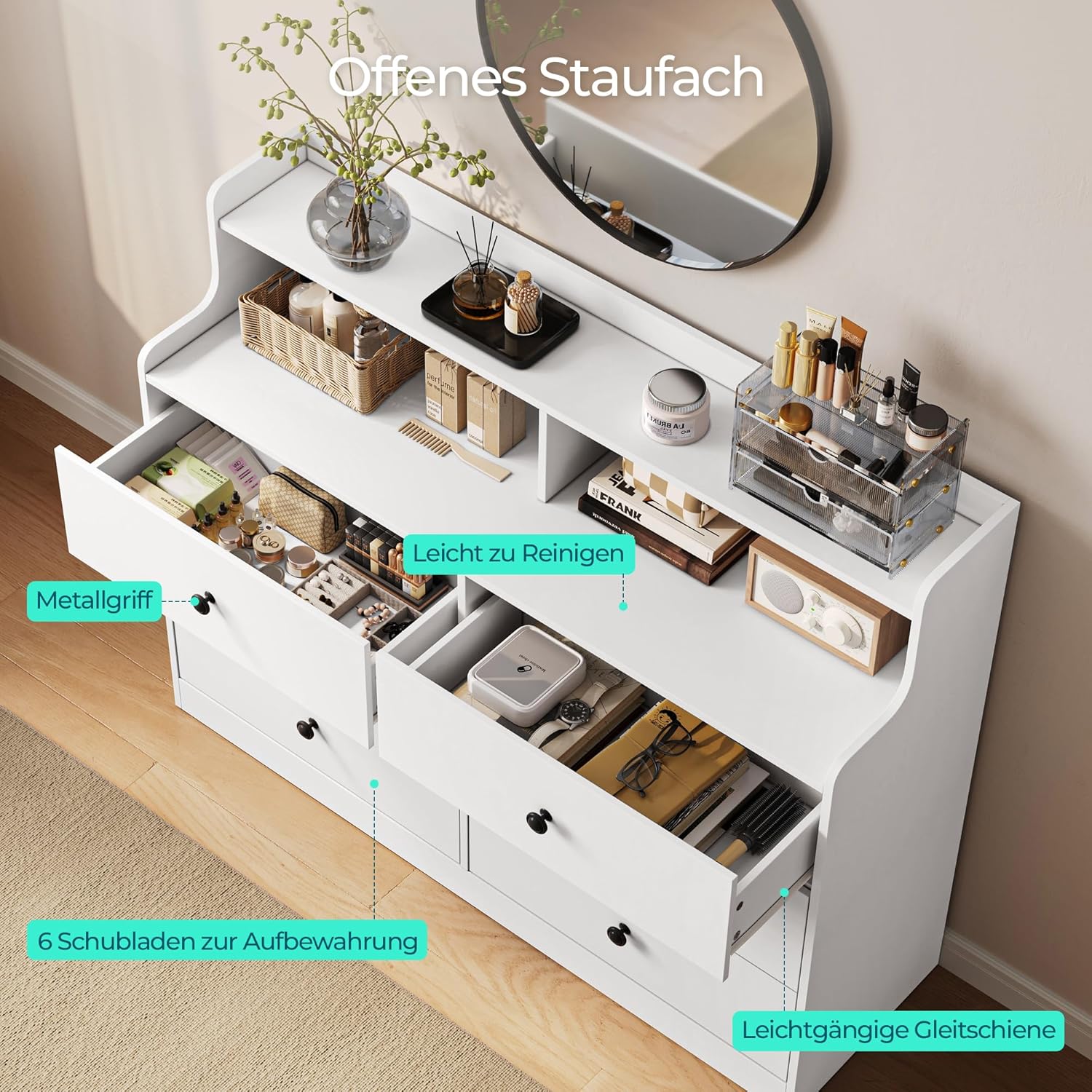 LINSY HOME Kommode mit 6 Schubladen, Weiß – Hochwertiger Schubladenschrank aus Holz, Wäschekommode fürs Schlafzimmer, Modernes Design, Maße: 133 × 102,8 × 39,8 cm