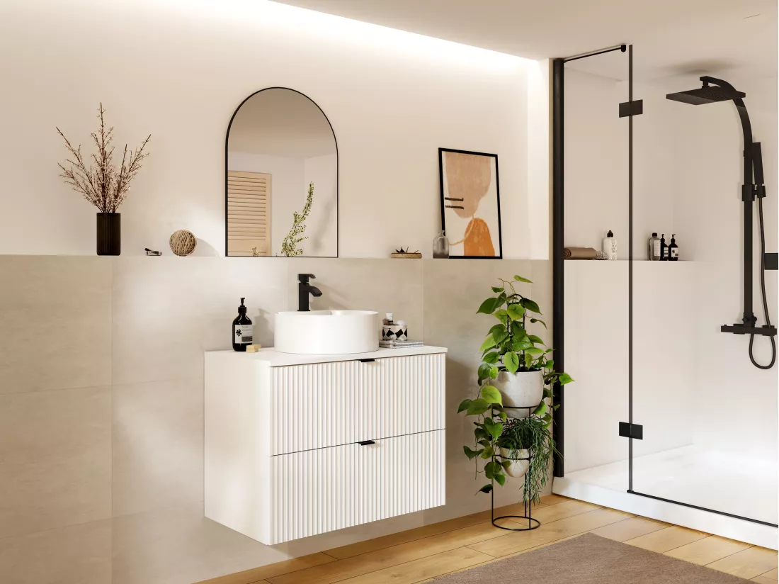 Meuble de salle de bain suspendu strié avec vasque ronde à poser - Blanc mat - 80 cm - ZEVINI