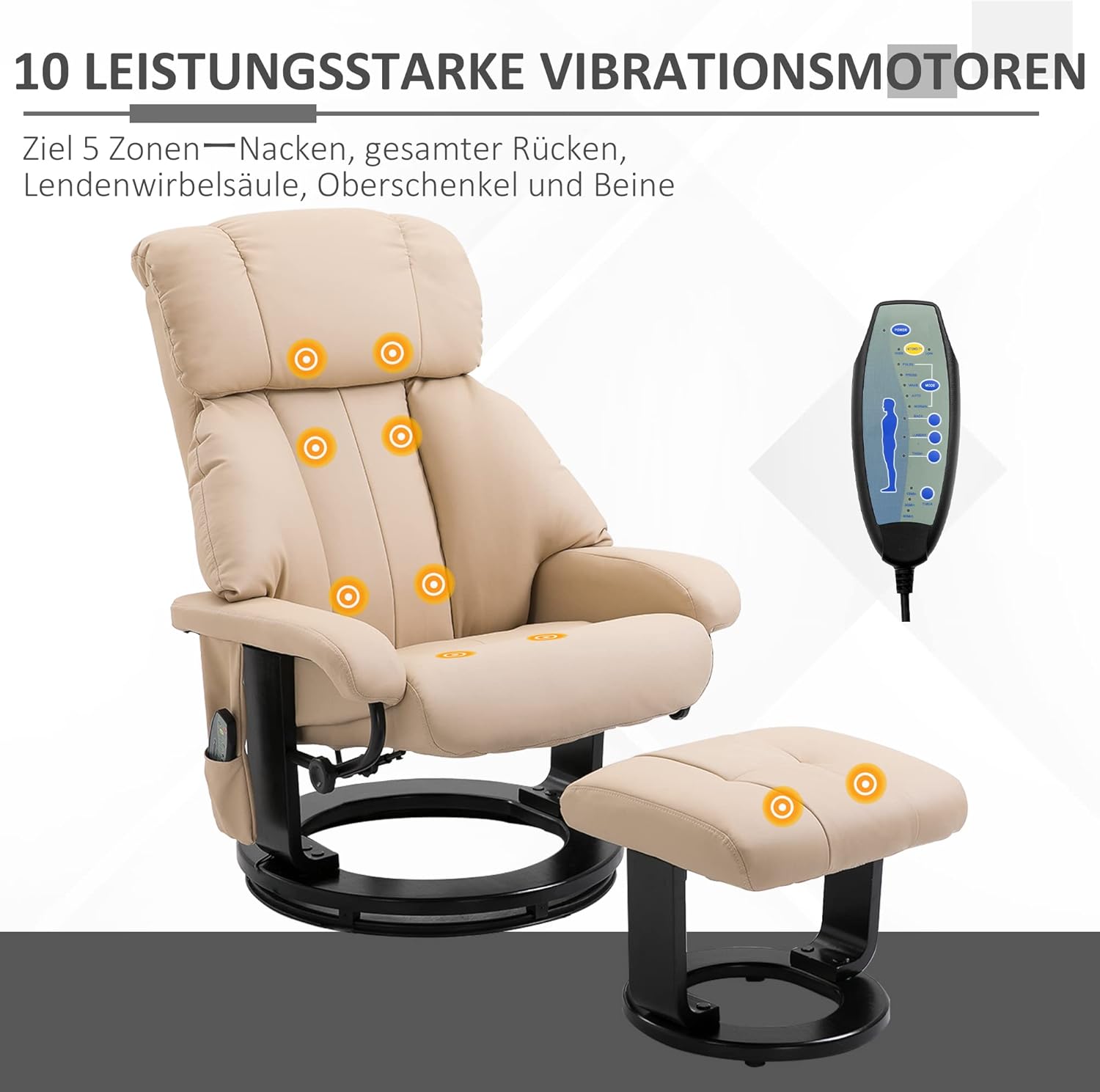 HOMCOM Relaxsessel mit Hocker, drehbarer Fernsehsessel mit Massagefunktion, Liegefunktion, Massagesessel mit Fernbedienung, Seitentasche, Ruhesessel aus Kunstleder für Wohnzimmer Cremeweiß