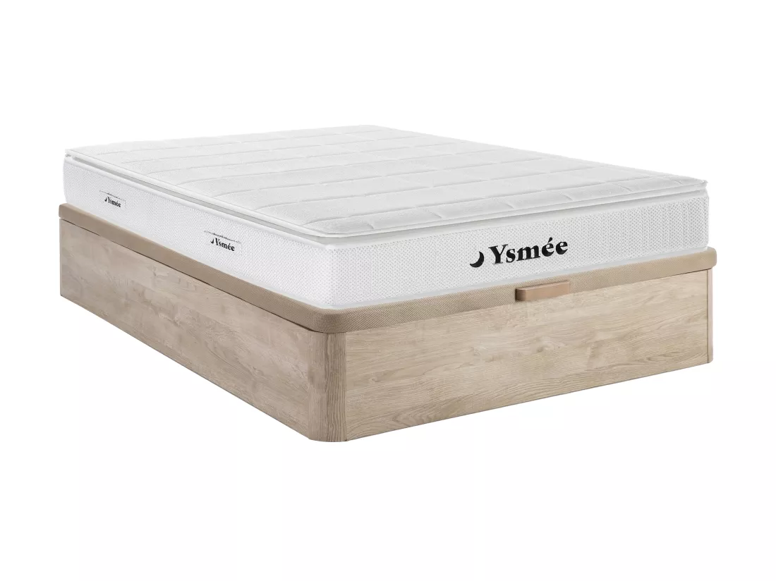 Ensemble 160 x 200 cm sommier coffre naturel clair + matelas hybride ressorts ensachés accueil nano ressorts + mémoire de forme ép.32cm - IPOH de YSMÉE