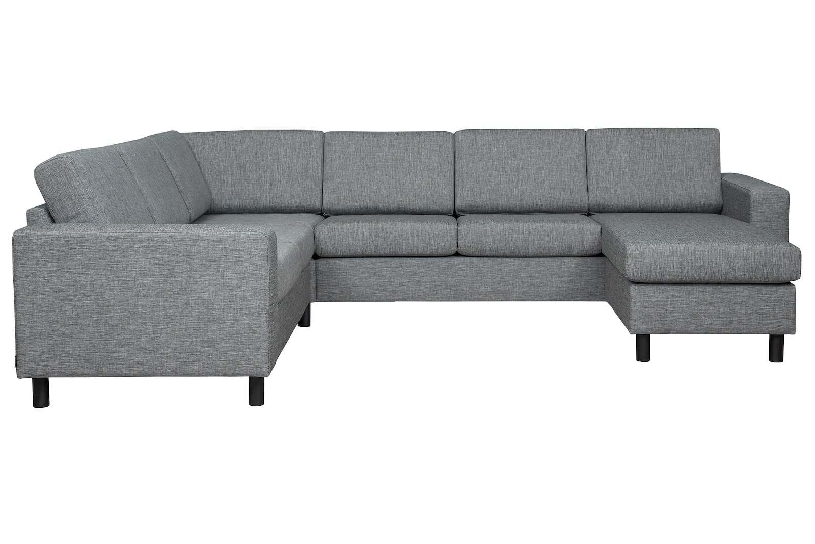 Square U-hjørnesofa Tekstil Reda 1/1 Grey, arm 4, ben 12 cm rund sort tre. Sjeselong. Vendbar
