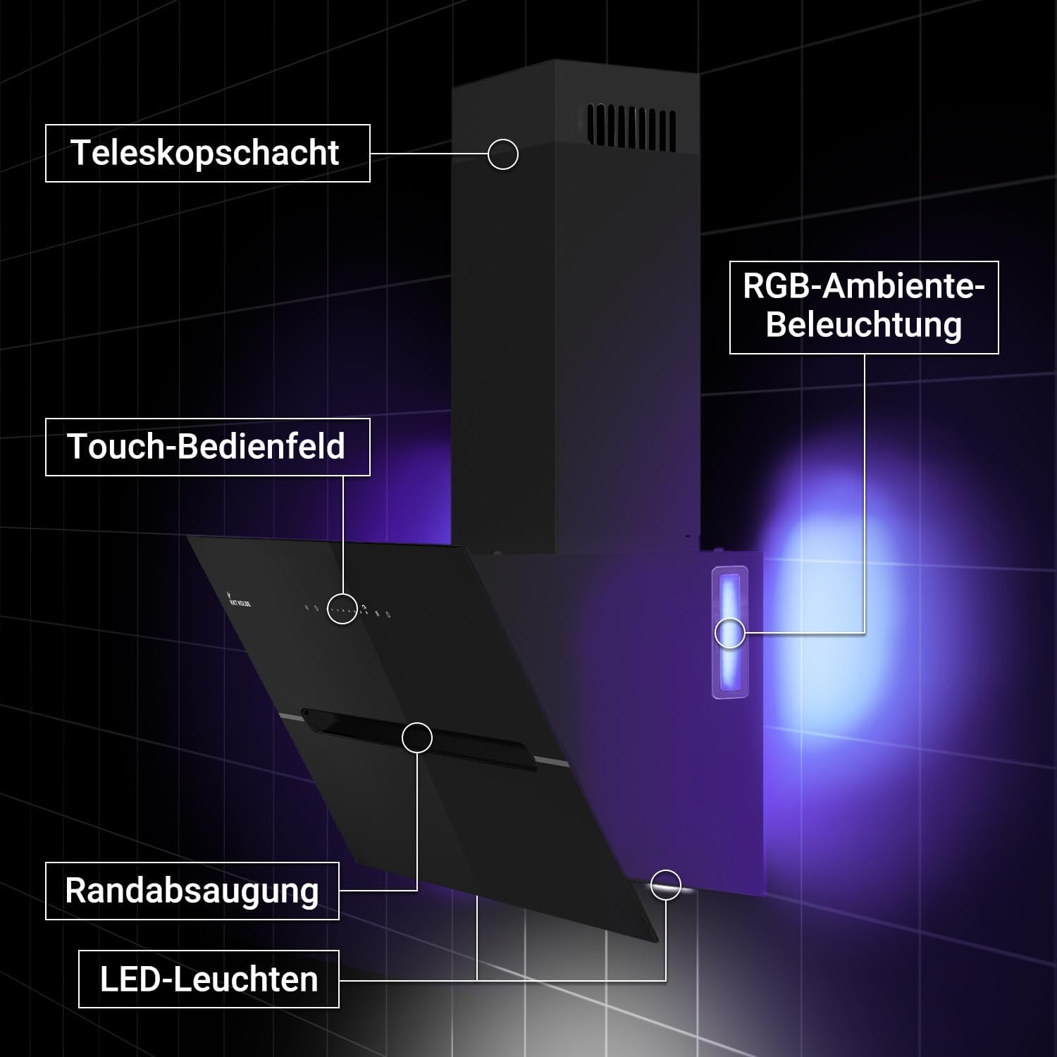 KKT KOLBE Dunstabzugshaube 80 cm | 782 cbm/h Umluft Abluft | Kopffrei | Wandhaube | Schwarz Glas | Smart WiFi App WLAN | RGBW-LED-Beleuchtung | ECCO8005SM