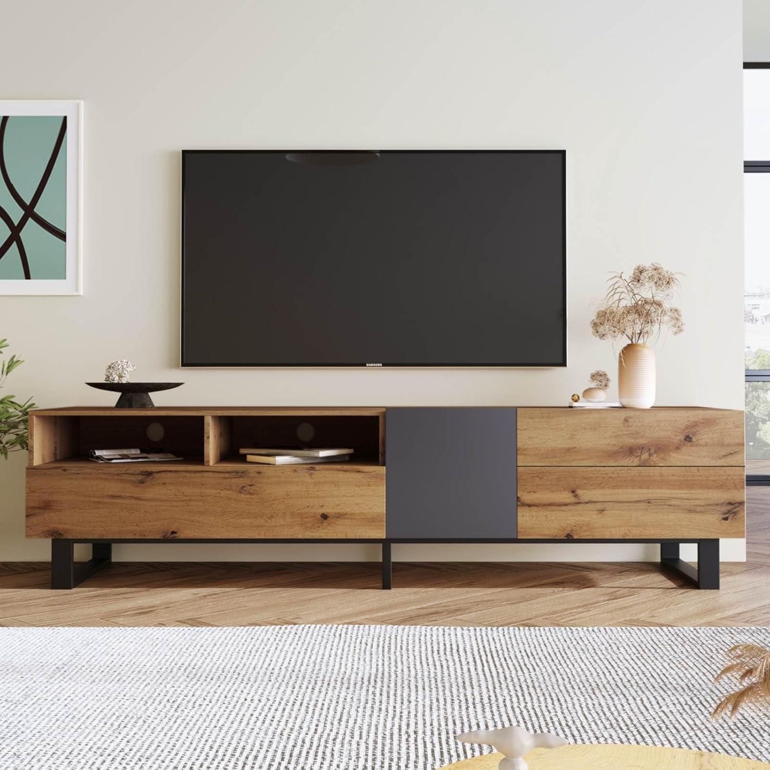 KOMHTOM Modernes schwarzes Holz farbkombination tv Schrank vorratsschrank, Sideboard mit 4 Fächern 1 Boden Tür 2 Schubladen, Mehrzweckschrank für Wohnzimmer Schlafzimmer Flur (C)