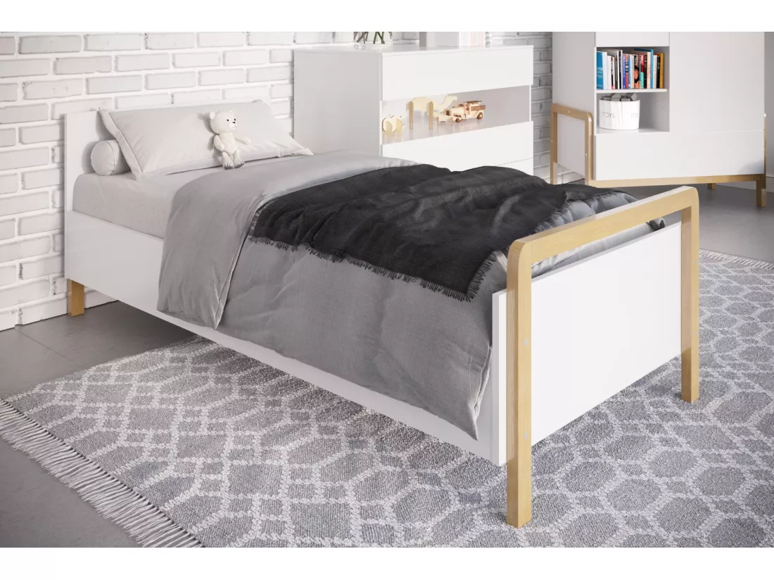 Lit banquette 80x180 sommier et tiroir de lit inclus Victor - Blanc et Chêne
