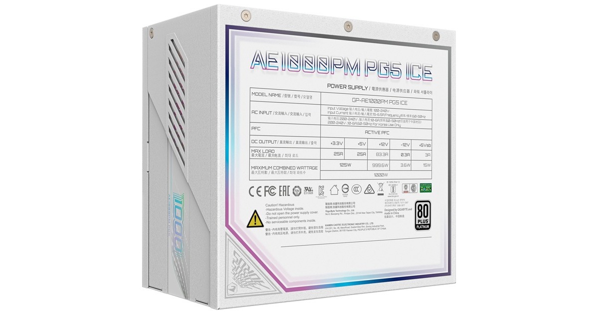 GIGABYTEAORUS ELITE GP-AE1000PM PG5 ICE modulaire 1000 watt voeding   (Wit, 1x 12VHPWR, 6x PCIe)