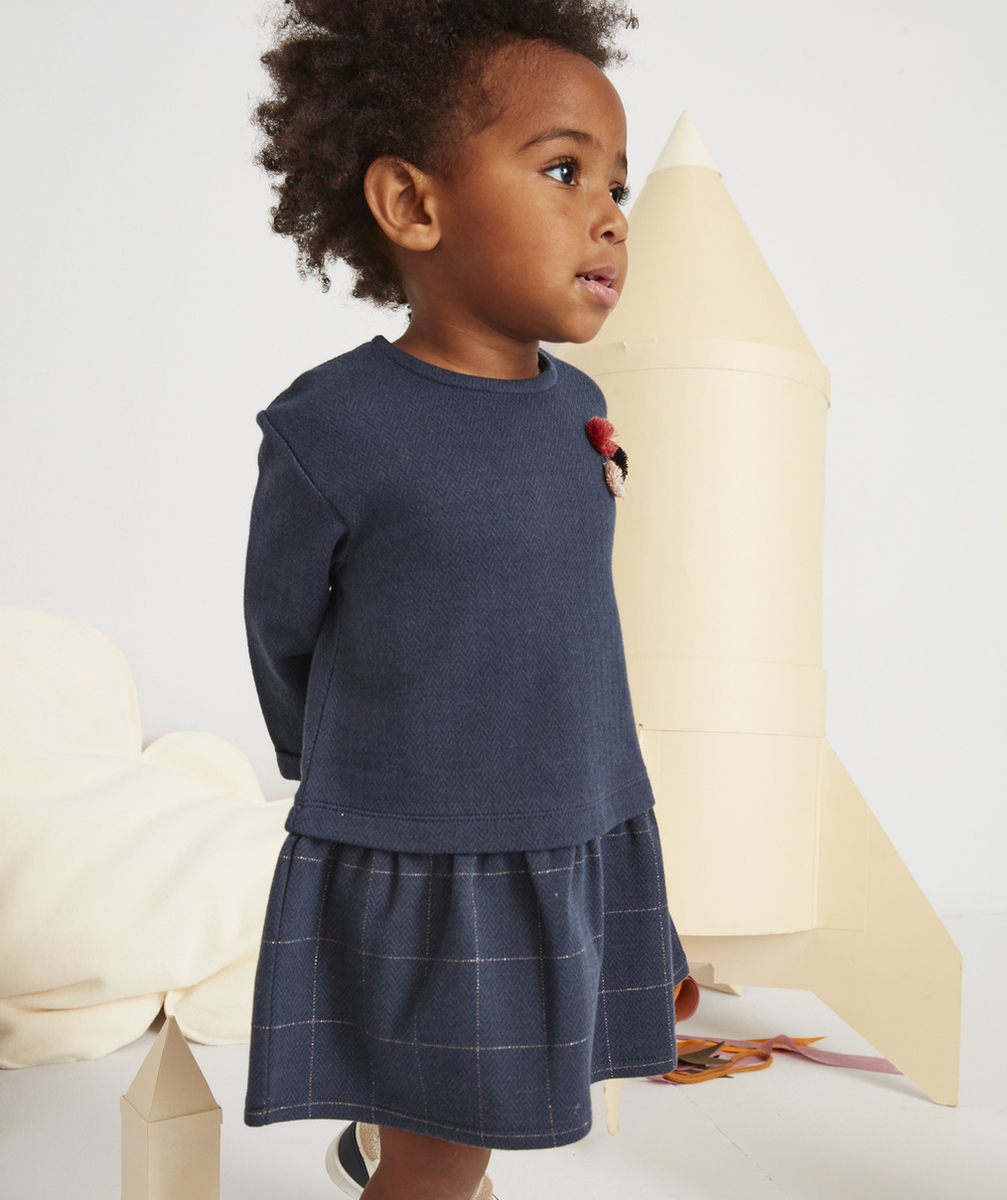 ROBE AVEC PULL INTÉGRÉ BLEU MARINE BÉBÉ FILLE AVEC POMPONS COLORÉS