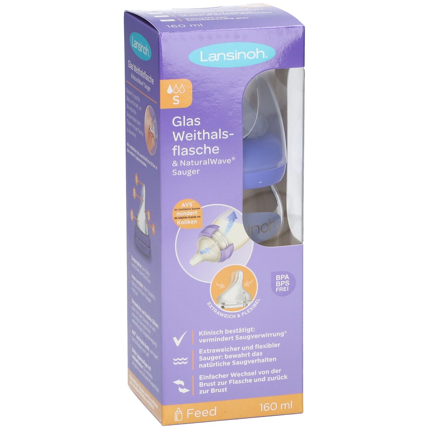 Lansinoh mOmma Glas Babyflasche 160ml mit Natural Wave Silikonsauger S