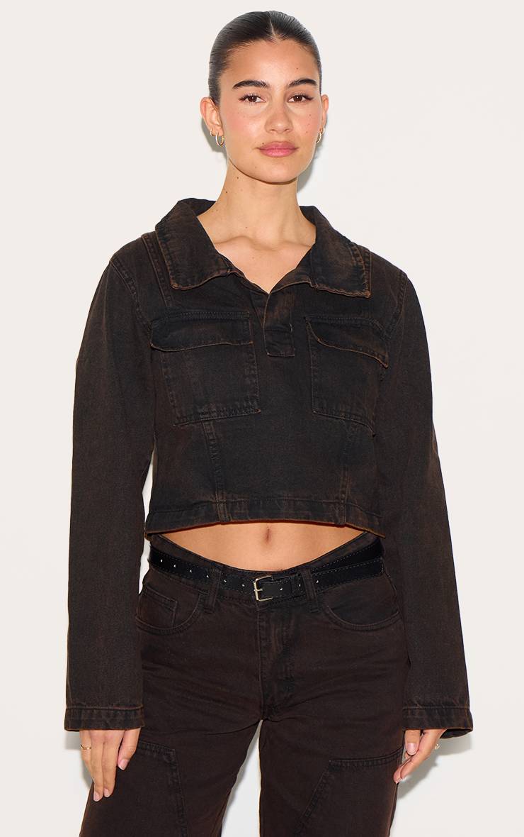Dark Chocolate Chemise Rugby En Denim À Manches Longues